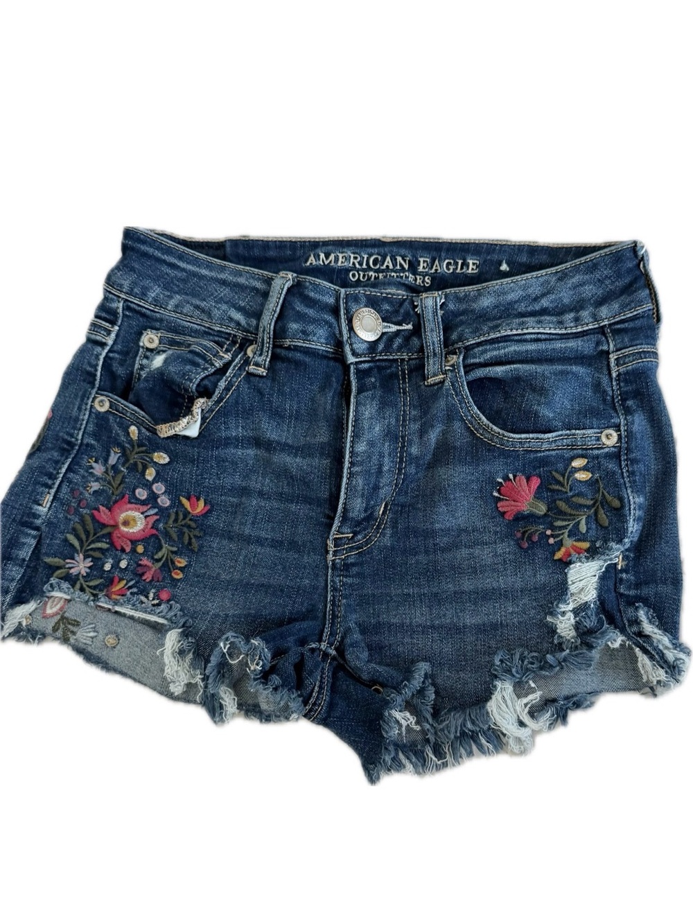 American Eagle Outfitters Dark Blue Denim Shorts with Floral Embroidery